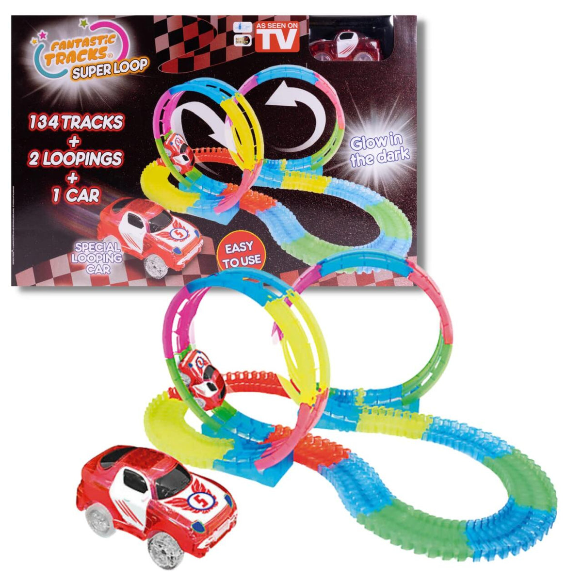 Pista de carreras luminosa con loopings · 134 piezas