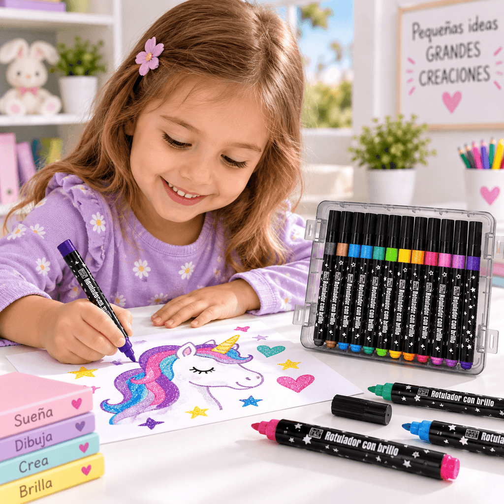 Rotuladores con brillo · 12 colores para crear