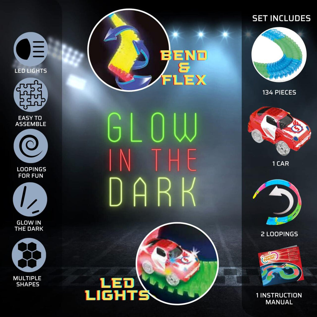 Pista de carreras luminosa con loopings · 134 piezas