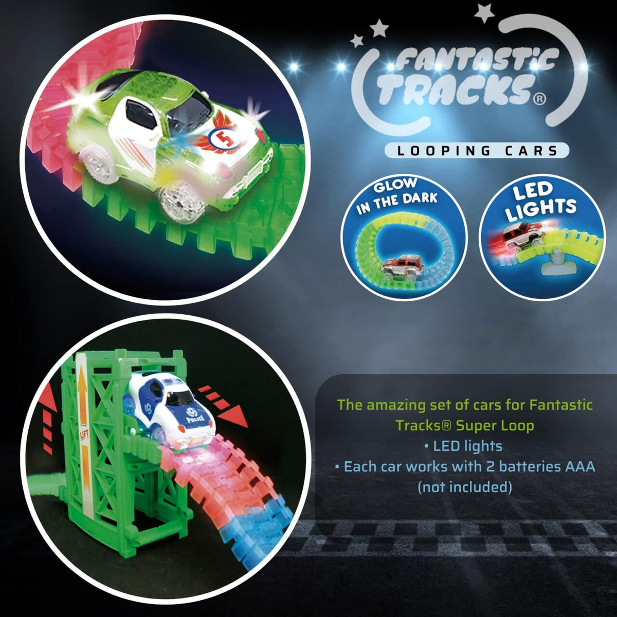 Pista de carreras luminosa con loopings · 134 piezas